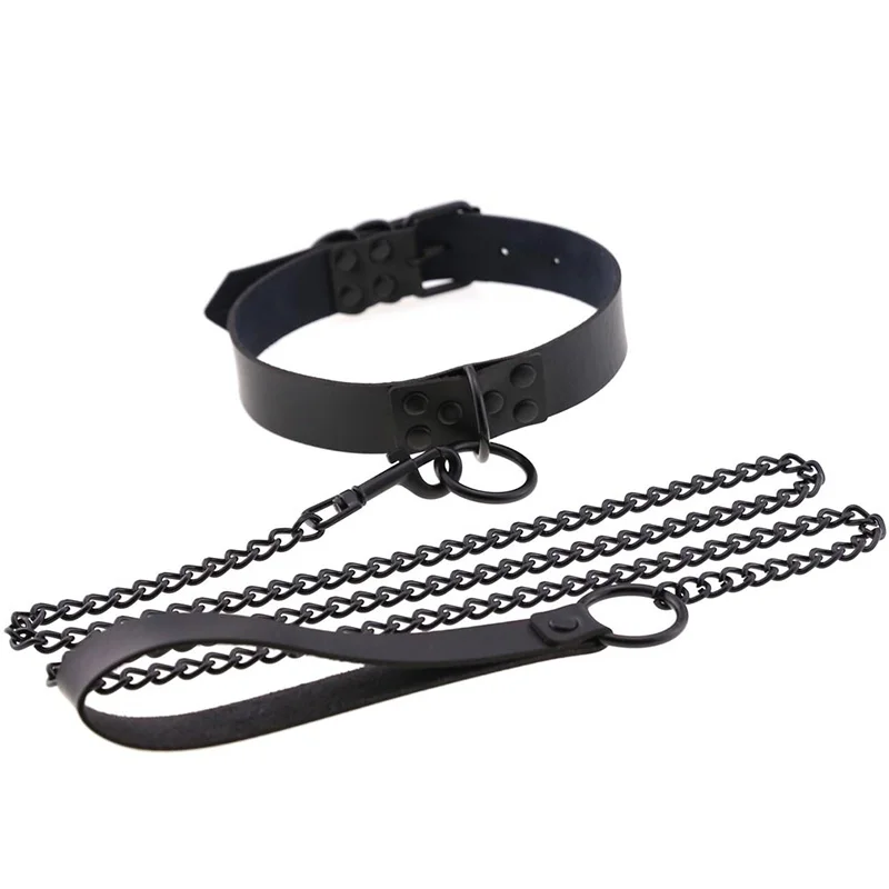 Slave PU Leather Collar Traction Rope Punk Gothic Wind Sexy Rivet Alternative Metal Fashion Necklace For Women