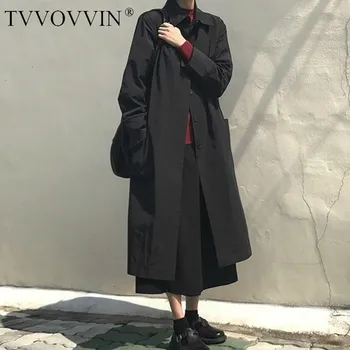 

TVVOVVIN 2019 New Fashion Autumn Long Fund Lapel Solid Single Breasted Overcoat Women Loose Casual Korean Trench Coat X772