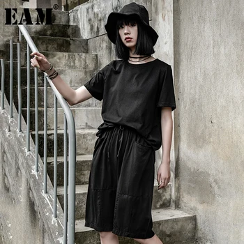 

[EAM] 2020 New Spring Autumn High Elastic Waist Black Drawstring Loose Knee Length Pants Women Trousers Fashion Tide JW464