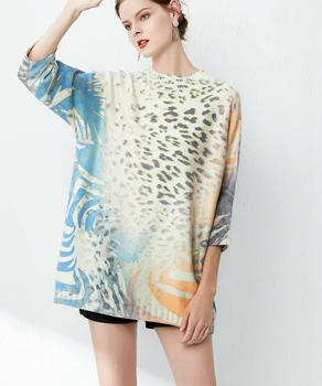 

Autumn Spring Elegant Leopard Sweaters Half Turtleneck Three Quarter Sleeve Knitted Pullover Tops Women Outerwear TA5307