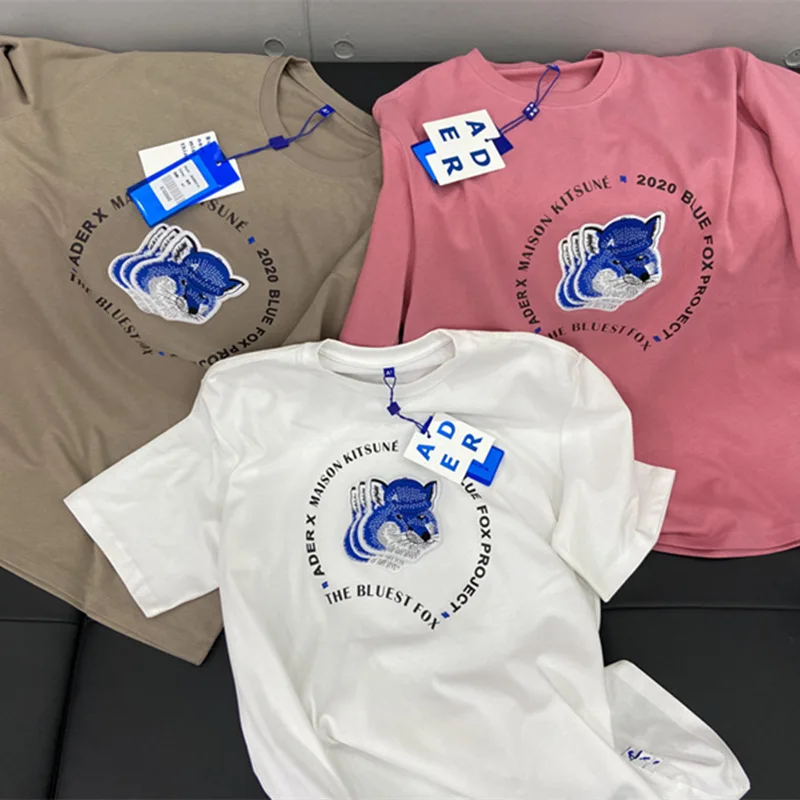Футболка оверсайз с вышивкой лисы Adererror Maison Kitsune мужская женская красная серая