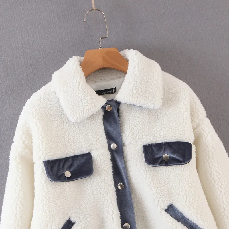 Модное женское пальто Za, Осень-зима, белое пальто из искусственного меха с длинным рукавом, свободное, толстое, теплое, из овечьей шерсти, куртка-бомбер для женщин