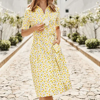 

Women Dresses Summer 2020 Slim Print Knee-Length Turn Down Collar Beach Dress With Belt Short Sleeve Bohemian Dress