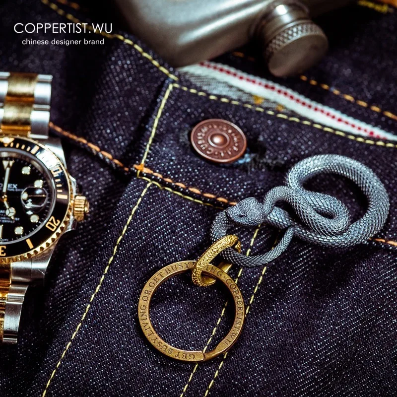 Coppertist. Wu змей S925 Серебристый Брелок для ключей латунный брелок для ключей ручной работы Золотое модное Животное змея кольцо для ключей с сумочкой кулон панк-рок