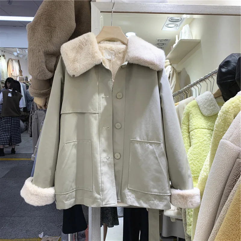 

Inner Wearing Lambs Wool of Belt Short Trench Coat Coat Women's Winter New Products Thick Warm Short-height Cotton Jacket