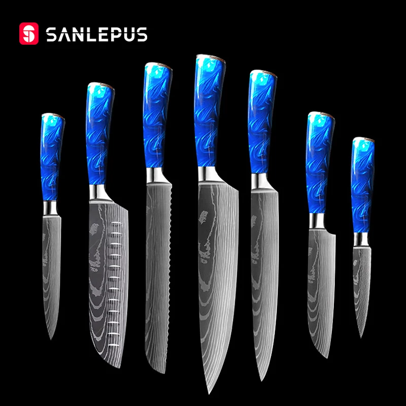 SANLEPUS 7 PCS Kitchen Knives Set Exquisite Blue Resin Handle Laser