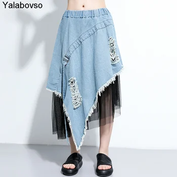 

Large Size Irregular Skirt 2020 Summer Clothes Washed Jeans Pleated Skirt Fashionable Blue Black Color Denim Mesh Spilced