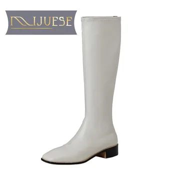 

MLJUESE 2021 women Knee-High boots Microfiber Winter short plush Square Toe zipper Med heels female boots size 39
