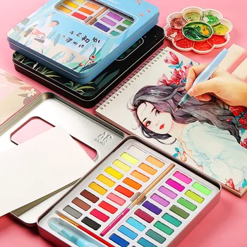 

New Portable 36 Color Solid Watercolor Paint Set Children Beginners Hand-Painted Water Color With Water Brush Pen Art Supplies