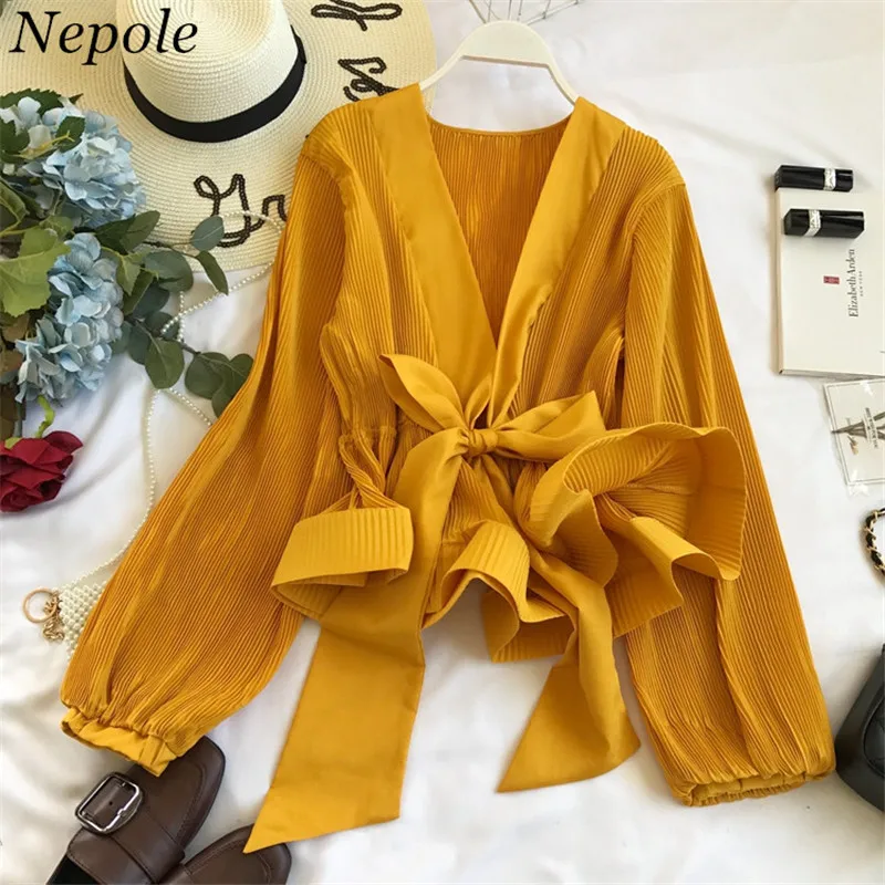 Neploe Ruched плиссированные оборки Blusa пояса в винтажном стиле Элегантные женские