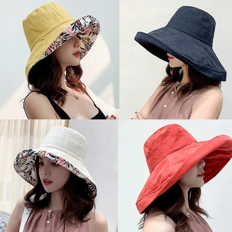 K34 Women's Bucket Hat Fashion Summer Big Brim Panamanian Women 2021 Sun Hat For Female Beach Double Sided Fisherman Hat  Visor