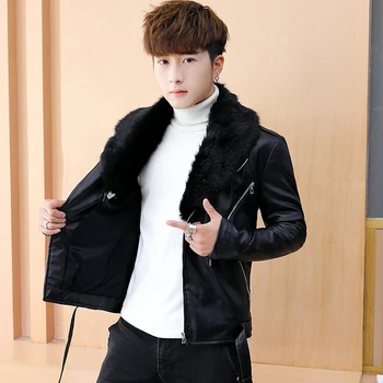 

Winter new men's plus velvet thick fur collar leather jacket Korean trend Slim leather jacket men's tide brand leather jacket