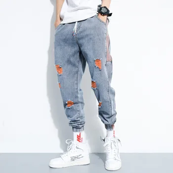 

#1439 Blue Ripped Jeans For Men With Holes Loose Pencil Harem Jeans Ankle-length Biker Jeans Men Plus Size 5XL Hip Hop Jeans