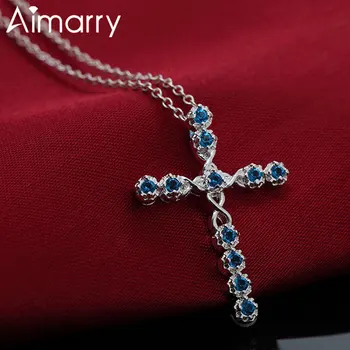 

Aimarry 925 Sterling Silver 18-Inch AAA Zircon Dark Blue/Light Blue Cross Necklace For Women Charm Wedding Fashion Jewelry Gifts