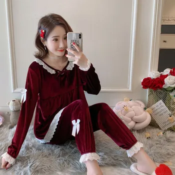

Pajamas For Women Winter Gold Velvet Long Sleeve Cute Pajamas Set 2 Pieces Sexy Sleepwear Thicken Round-neck Home Clothes Suit