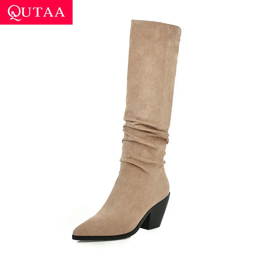 Женские высокие сапоги QUTAA зимние из флока с острым носком на квадратном каблуке