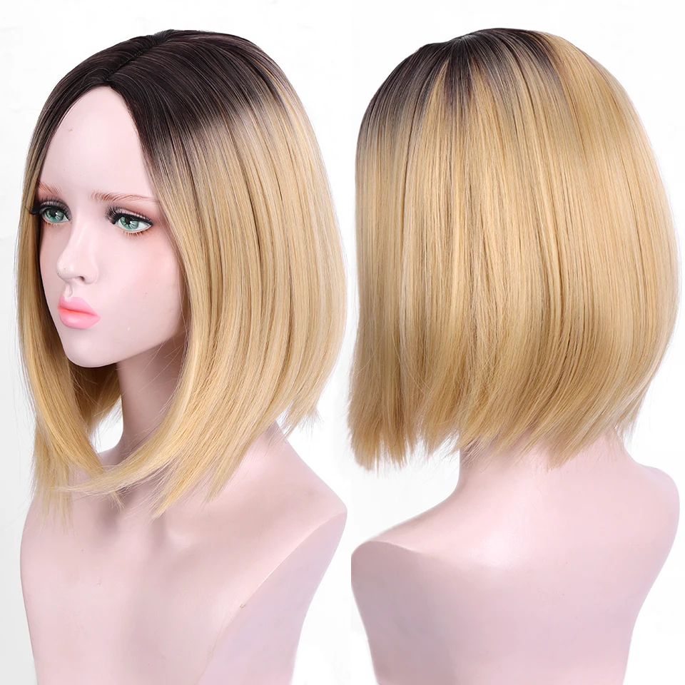 Ombre Blonde Brownish Black Roots Short Bob Wigs Side Part for Women Heat Resistant Synthetic Full Straight | Шиньоны и парики
