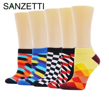 

SANZETTI Men Ankle Socks Summer Happy Colorful Dress Socks Casual Geometric Rhombus Pattern Funny Combed Cotton Wedding Socks