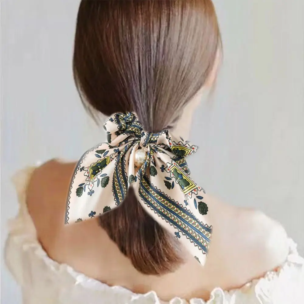 1Pcs Flower Exquisite Beautiful Print Seaside Gifts Hair Rope Adjustable Pearl 5 Colors Valentines Gift Elastic Unique Bowknot