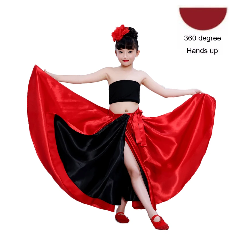 Детская юбка фламенко, испанский бой быков, танцевальное платье, цыганская одежда для выступлений, Женская сценическая одежда, женский красный атласный костюм - Цвет: 360 Degree Skirt