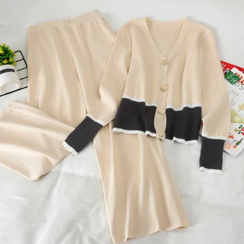 

Two-Piece Set Women New Spring Elegant 2020 Knitted Leisure Suit V-neck Cardigan Sweater + Loose Wide Leg Trousers Female