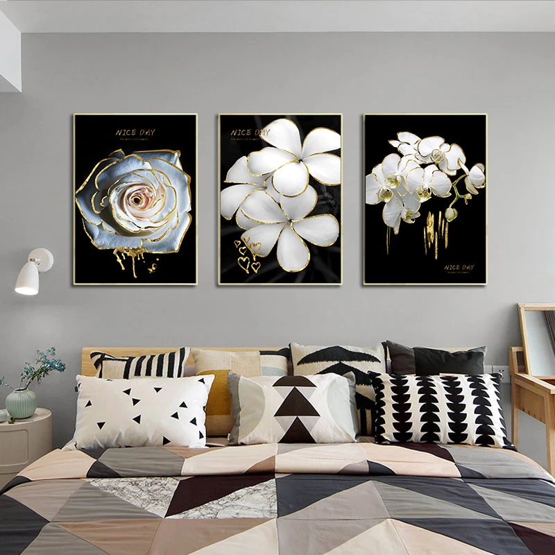 Toile de peinture artistique abstraite de fleurs blanches, fond noir,  décoration murale amusante imprimée, salon, chambre à coucher, café  Internet | AliExpress