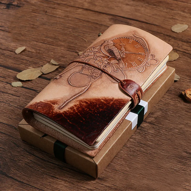 

Cowhide Handmade Genuine Leather Carved Diary Notebook Study Notepad Travel Journals A6 size 3 colors hand dye