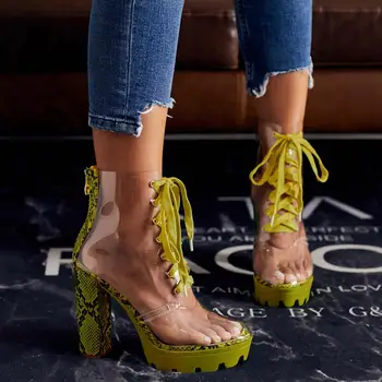 

CINESSD Size 35-42 Fluorescent green Serpentine transparent High Heels Ankle Women Boots Cross Tied Peep Toe Boots Ladies Shoes