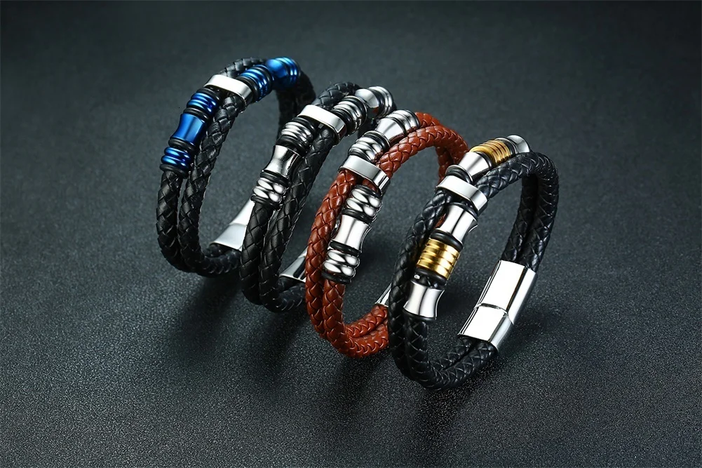Vnox двухслойные плетеные браслеты из натуральной кожи для мужчин, Браслет-манжета из нержавеющей стали в стиле панк, мужские ювелирные изделия с магнитной застежкой