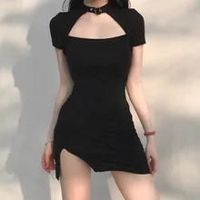 2021 Summer New Street Women's Hanging Neck Hollow Dark Split Short-sleeved Slim Bag Hip Dress Gothic Retro Punk Style Dresses