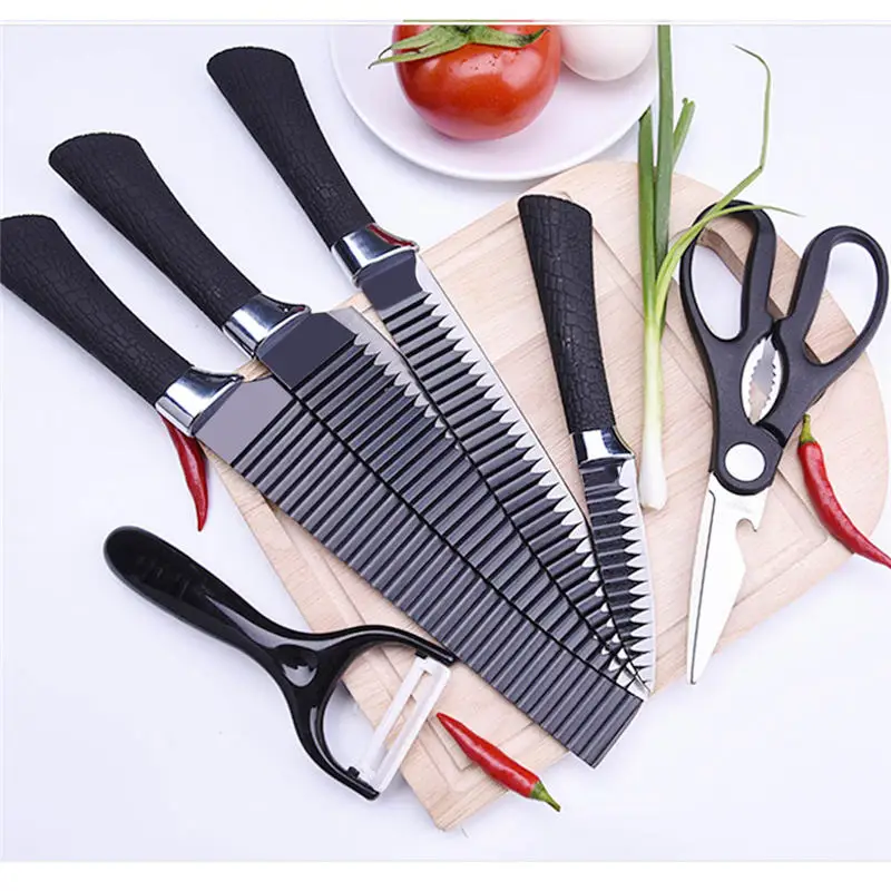 

6 pcs/set Stainless Steel Kitchen Knife Set Wave Sharpener Cutting Chef Knife For Fruit Vegetable Meat Cooking Knives Scissors