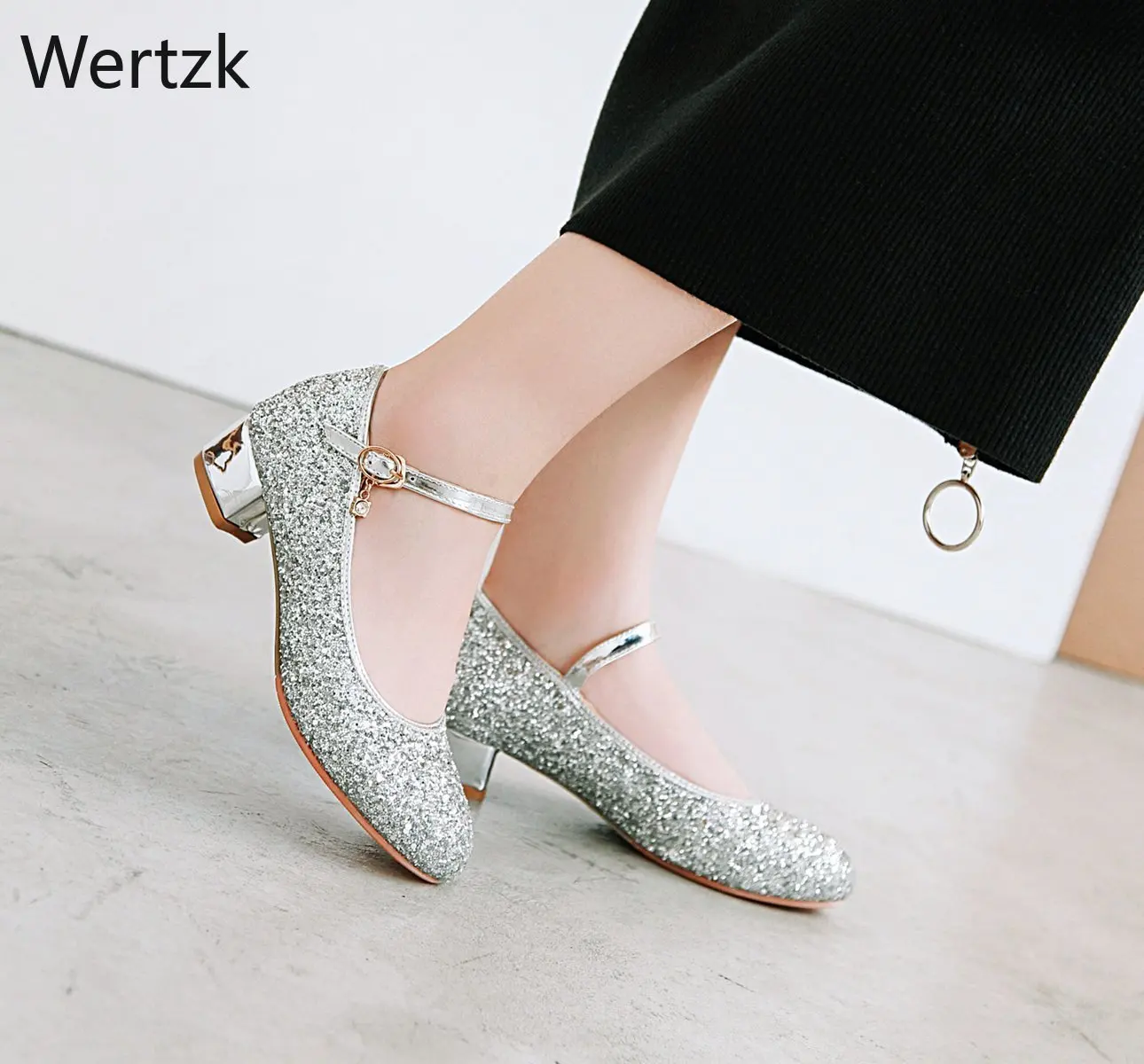 New Womens Chunky Low Heel Comfort Buckle Ankle Strap Glitter Mary Jane Shoes Round Toe Vintage Shiny Bling Dress Pumps A849