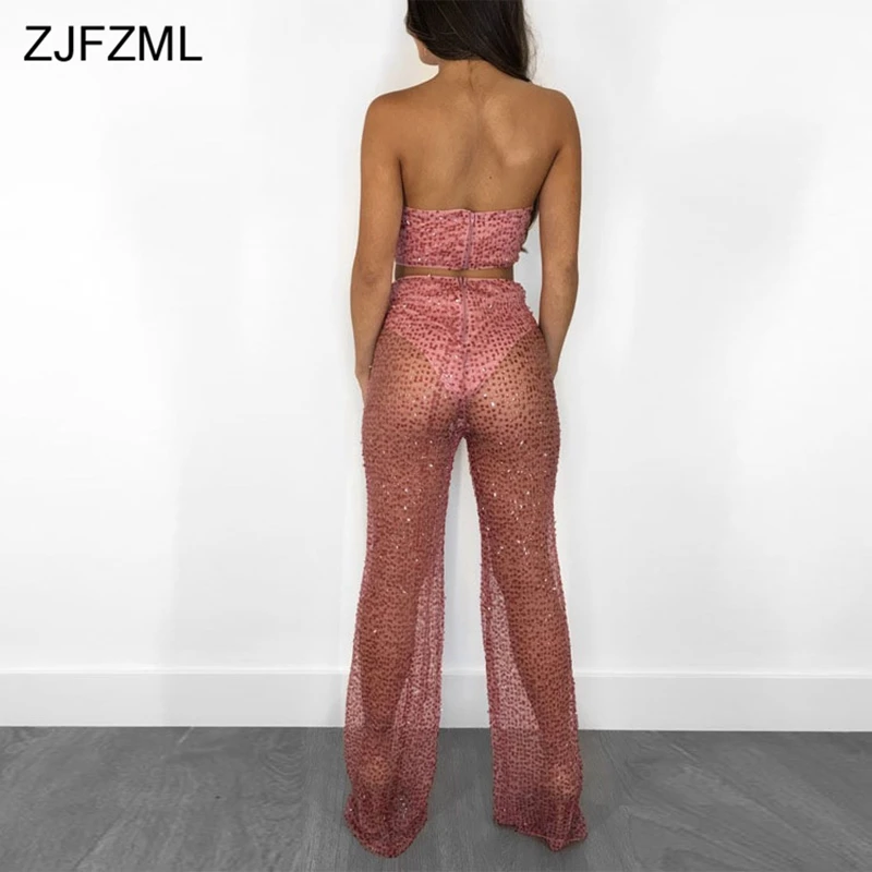 ZJFZML плюс размер комплект из 2 предметов женская одежда без бретелек сзади молния короткий топ+ высокая талия широкие брюки сетка одежда с блестками