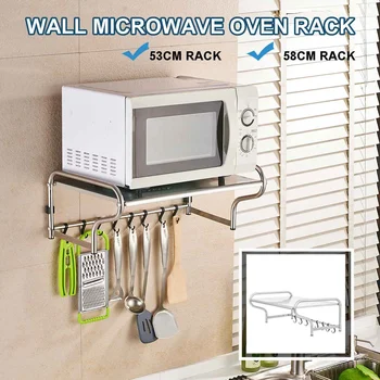 

Stainless Steel Microwave Oven Rack Kitchen Organizer Storage Holder Oven Bracket Wall Mounted Shelf Oven Rack Thickened+8 Hooks