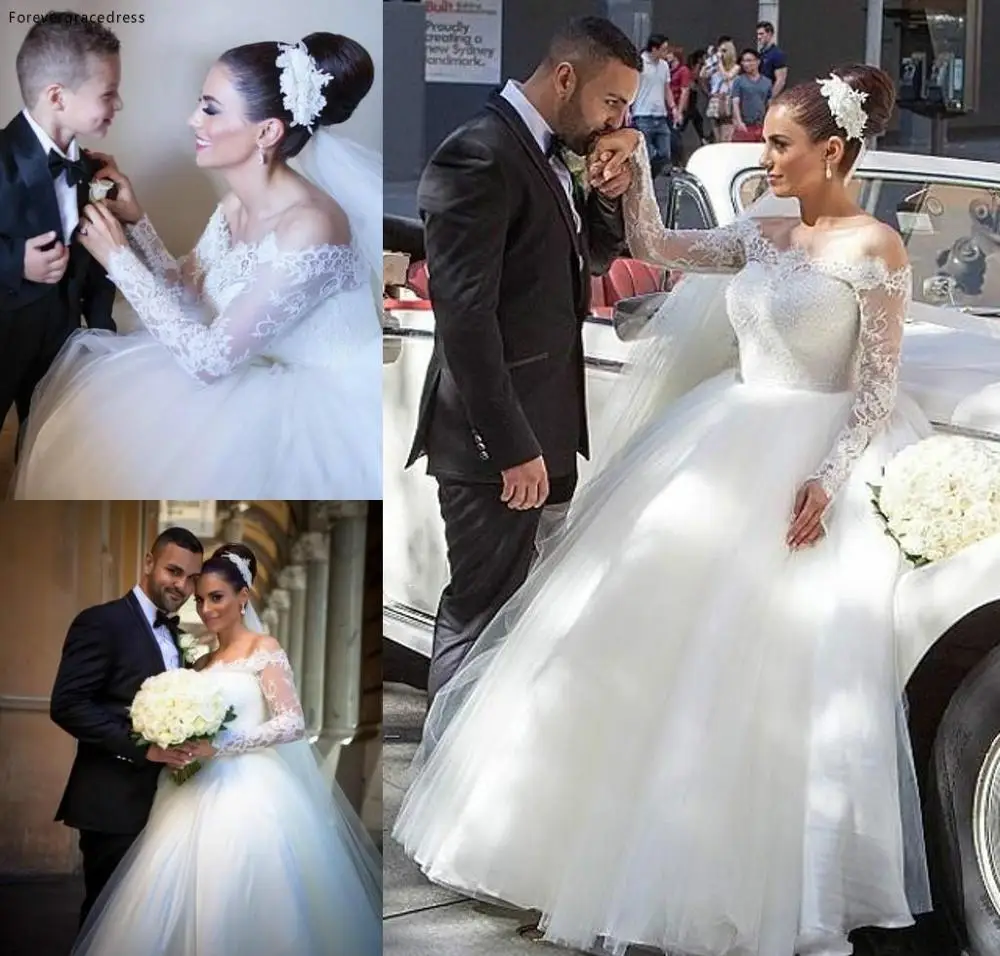 

New Puffy Skirt Long Sleeves Lace Wedding Dress Pricness Off Shoulders Ball Gown Maternity Bridal Gown Custom Made