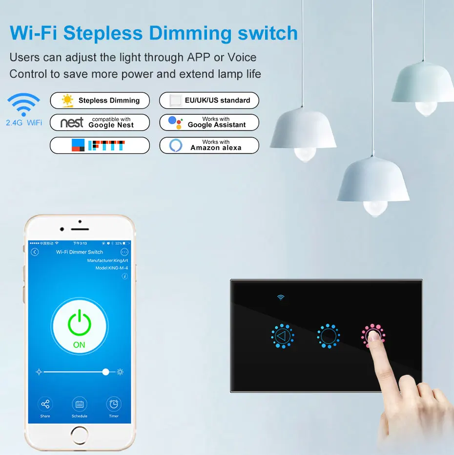 Wifi стеклянная панель светодиодный светильник умный диммер сенсорный экран настенный выключатель ЕС/США стандартное приложение дистанционное управление работа с Alexa Google