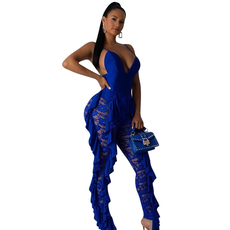 Adogirl Solid Blue Ruffle Lace Jumpsuit 