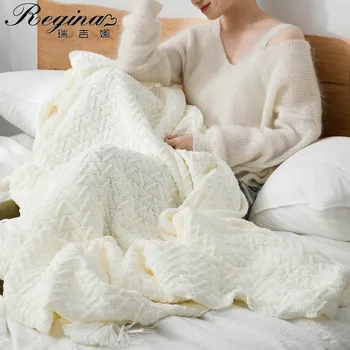 

REGINA New Super Soft Chenille Blanket Pure Color Pink White Yellow Green Tassel Design Chunky Knit Throw Blanket For Sofa Beds