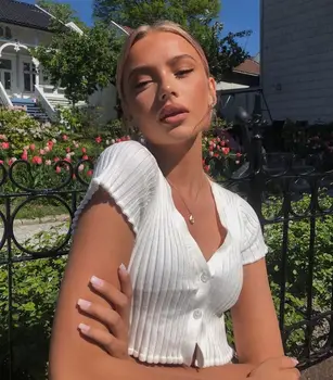 

Woman short sleeve polo v neck cardigan crop sweater