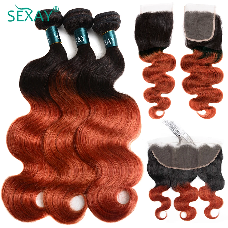 Sexay Burnt Orange Human Hair Bundles With Closure Ombre 1B/350 Remy Brazilian Body Wave Hair With Frontals 3 Pcs With Closure