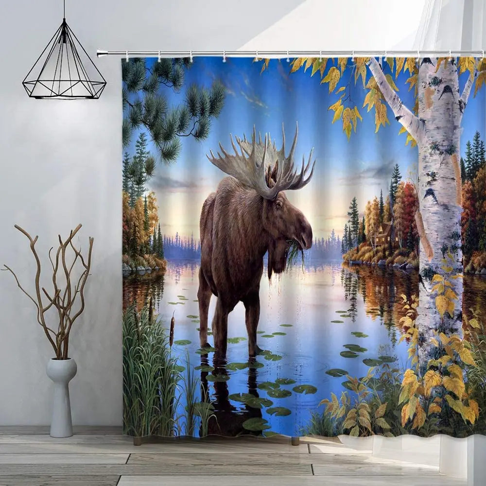 Autumn Forest Deer Scenery Shower Curtain Set Waterproof Polyester Fabric Hooks 