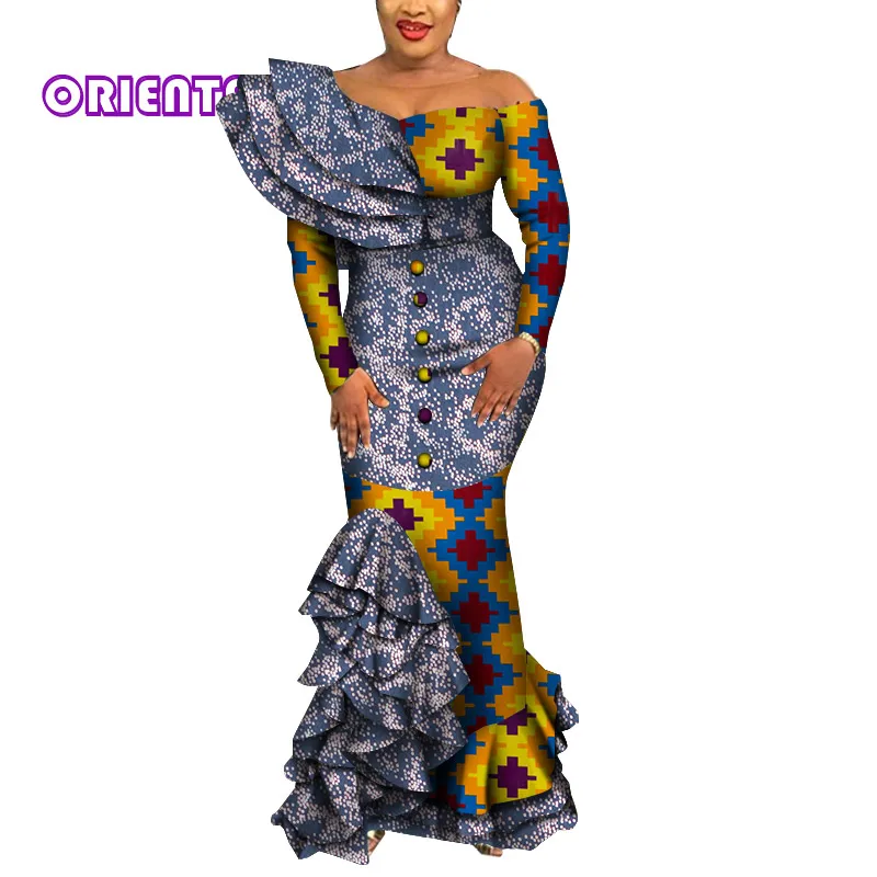 Африканские платья для женщин африканская одежда африканские традиционные платья Африканский Воск Принт с драпировкой и оборками женское вечернее платье WY5995 - Цвет: 14