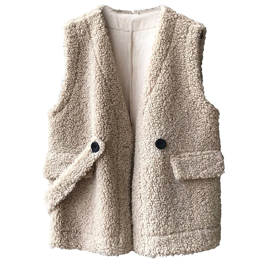 Зимний жилет из овечьей шерсти, Женская Корейская свободная кашемировая куртка с боковой петлей, женские жилеты, зимняя верхняя одежда из флока