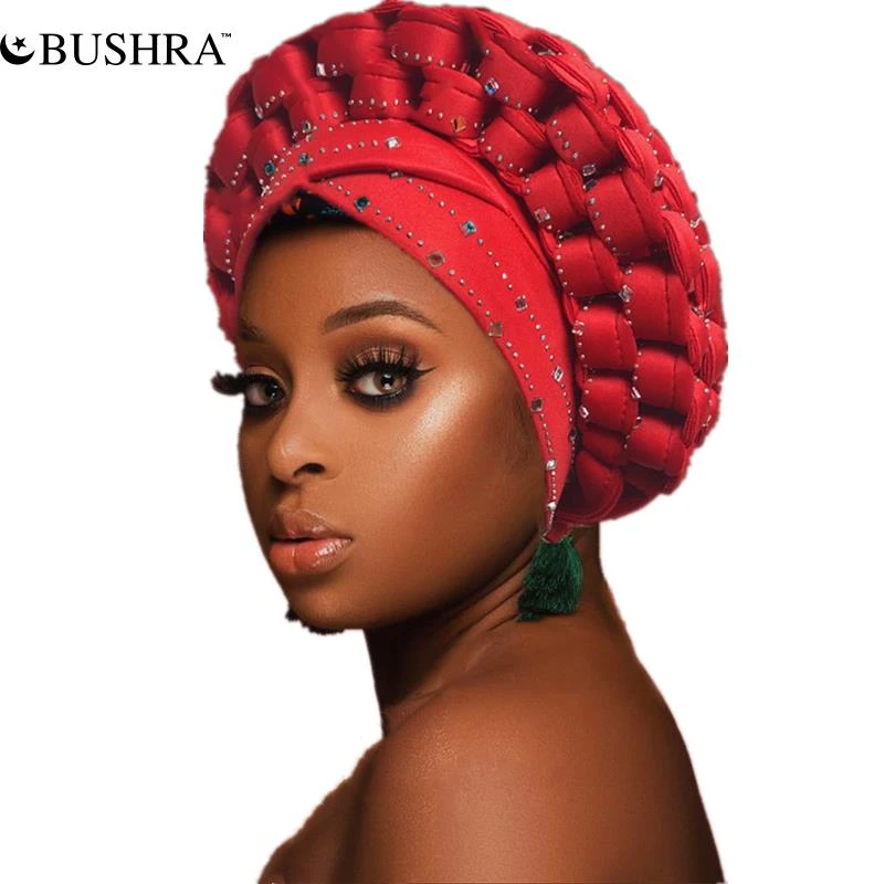 BUSHRA Adjustable Headscarf African Turbans Caps Women Nigerian Auto Gele Headtie Diamond Wedding Head Wraps Plain Hijab 2022 african attire