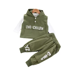 Nova Primavera Roupas de Bebê de Algodão Crianças Meninos Colete Com Capuz T Shirt Calças 3 Pçs/set Outono Criança Casual Sportswear Traje Infantil