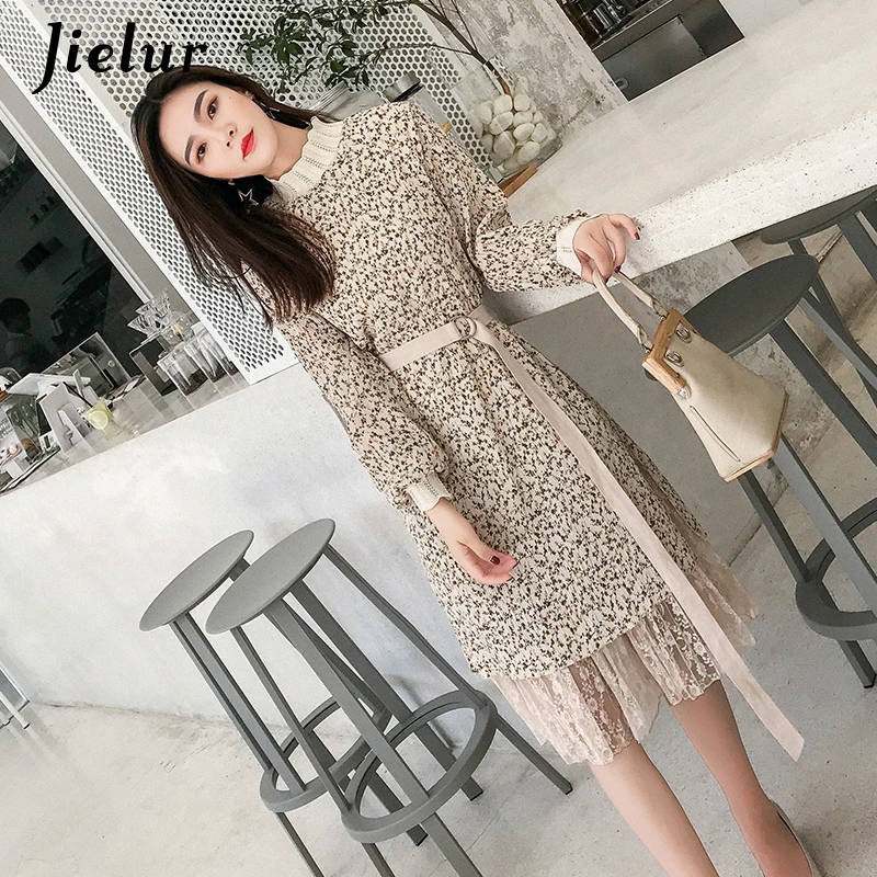 Jielur Цветочные шифоновые платья женские кружевные с кушаком оборками элегантные
