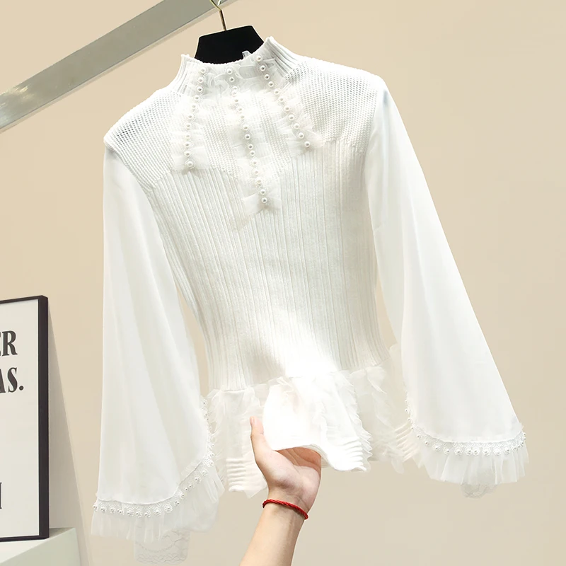 Осень зима вязаный Blusas женские галстуки толстые кружева шить Высокий воротник светильник вареный короткий свитер женские пуловеры для улицы