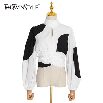 

TWOTWINSTYLE Print Hit Color Shirt For Women Turtleneck Hollow Out Lantern Long Sleeve Ruched Blouse Female 2020 Spring Fashion