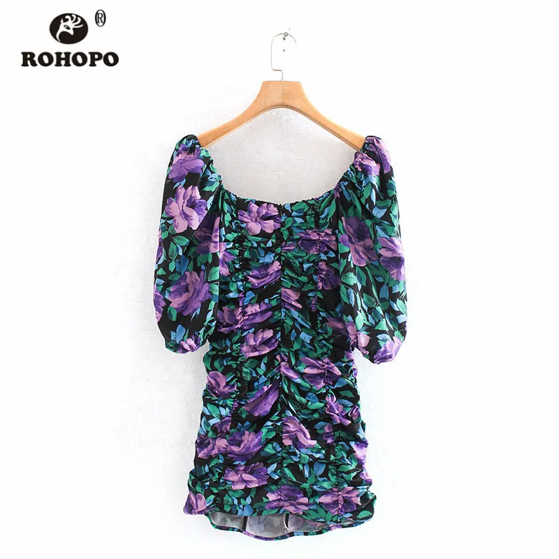 ROHOPO мини-платье с квадратным воротником и цветочным рисунком, с драпировкой, на молнии сзади, облегающее, сексуальные, вечерние, с принтом, Vestido#9587