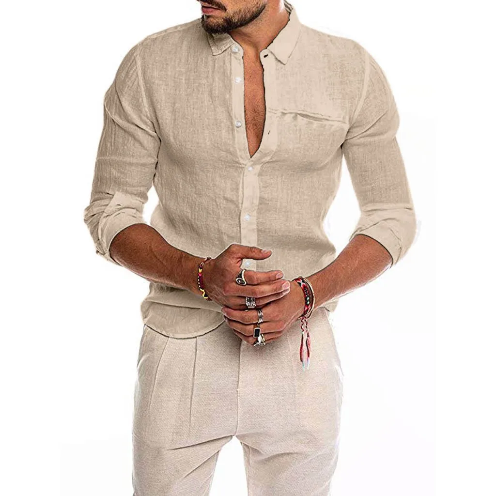 Осенняя Новая модная мужская Свободная хлопковая смесь сплошного цвета с кнопками и карманами, рубашка с длинными рукавами, топы, блузка